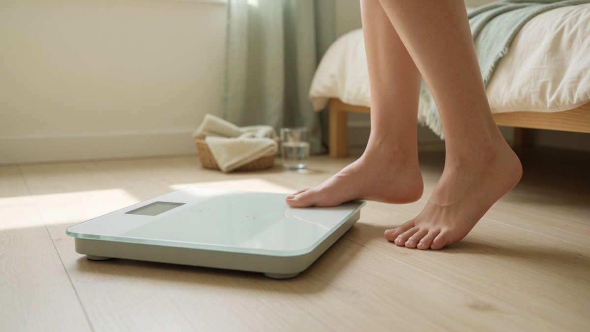 Morning weigh-in on a bathroom scale — maintenance kcal keeps body weight stable