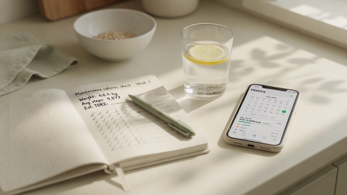 Notebook and phone showing TellMeal history while verifying maintenance kcal over two weeks