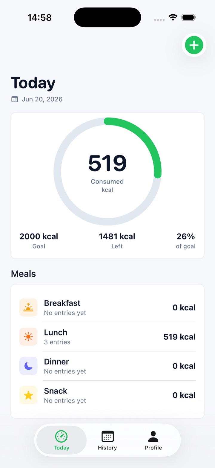 TellMeal today screen showing calorie progress for weight control